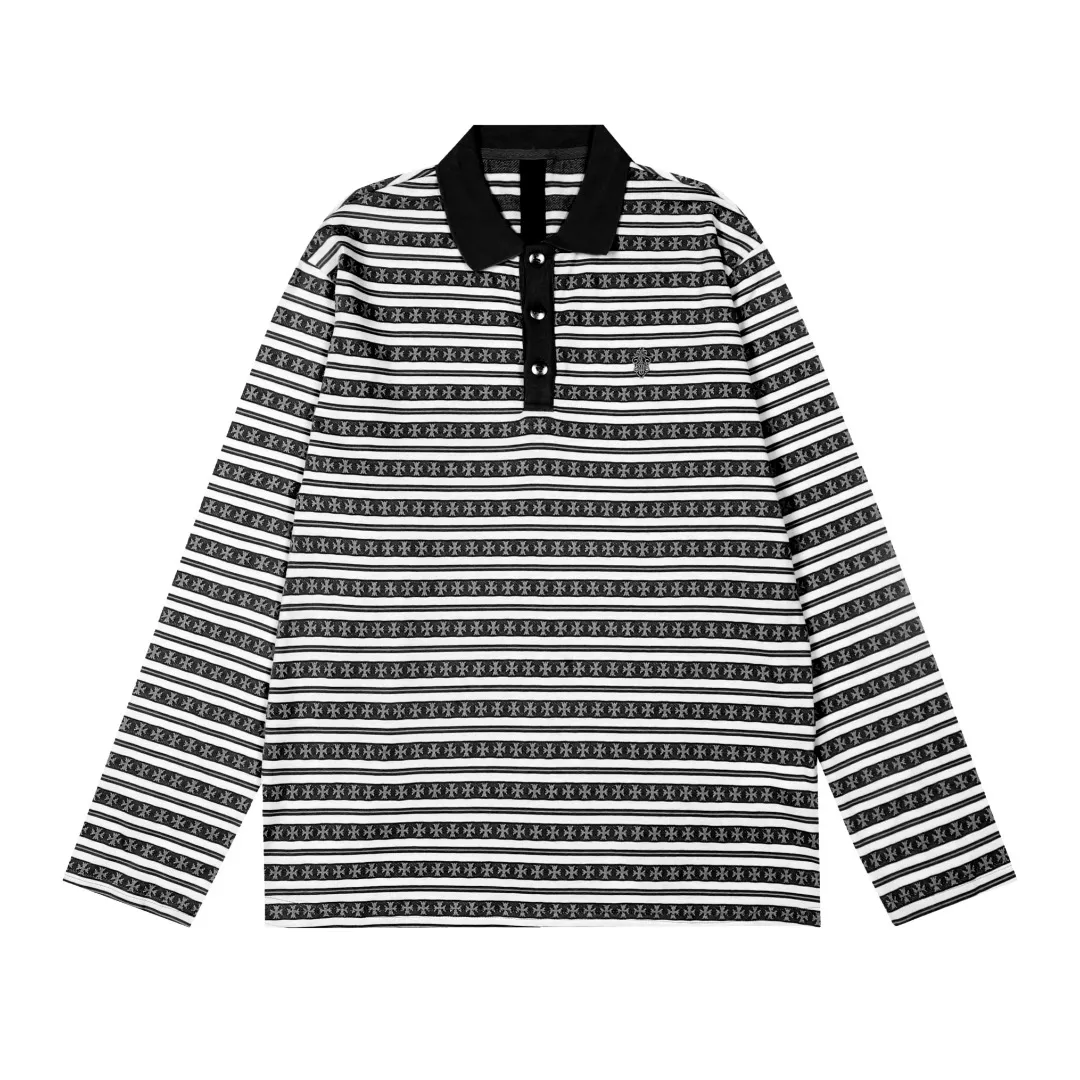 P210 White background picture [Popular item] Code: 25020# Color: Black/Pink/Blue Size: S to - CH Croix heart niche design cross jacquard striped long sleeves brings striped Polo to Next Levels. Loose fit. Same style for men and women. Lazy and casual. Street style. Three colors. Customized style.